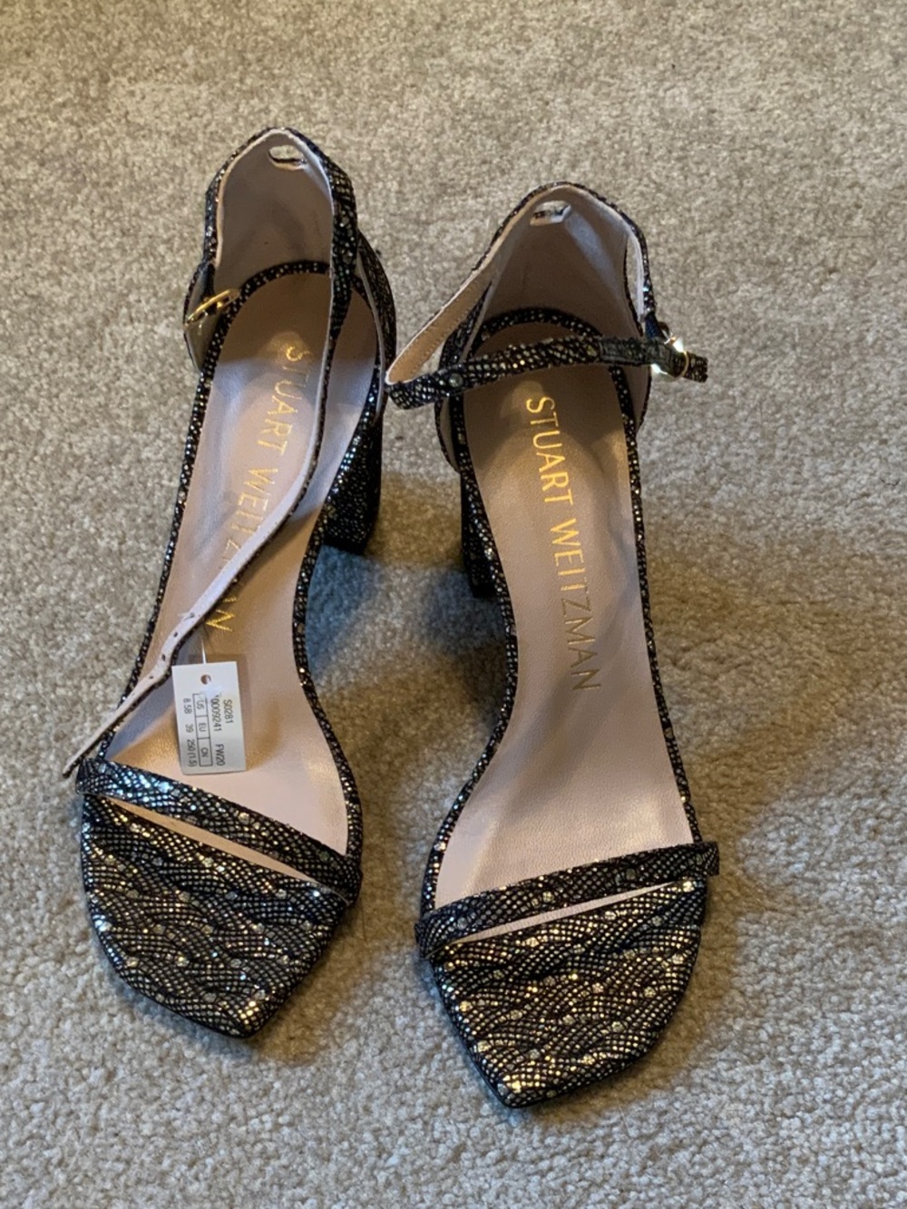 Stuart Weitzman Black Glitter Ankle-Strap Dress Sandals